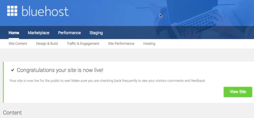 Start a blog Bluehost site is live